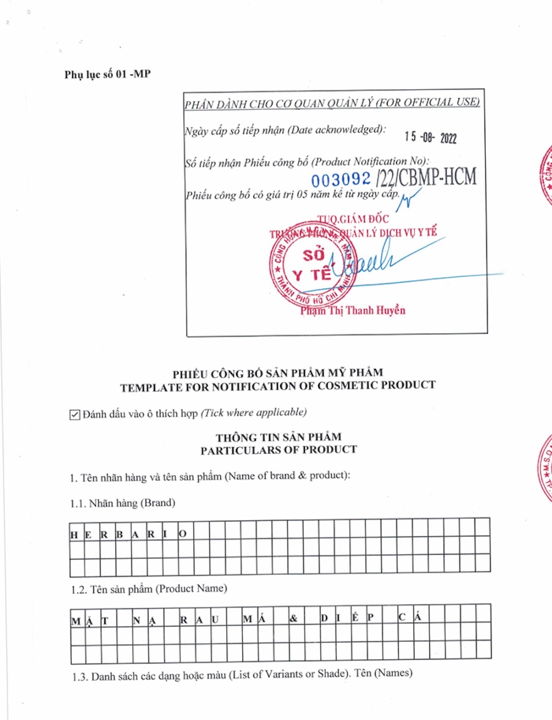 Giấy công bố sản phẩm mặt nạ rau má diếp cá Herbario giay cong bo san pham mat na rau ma diep ca Herbario