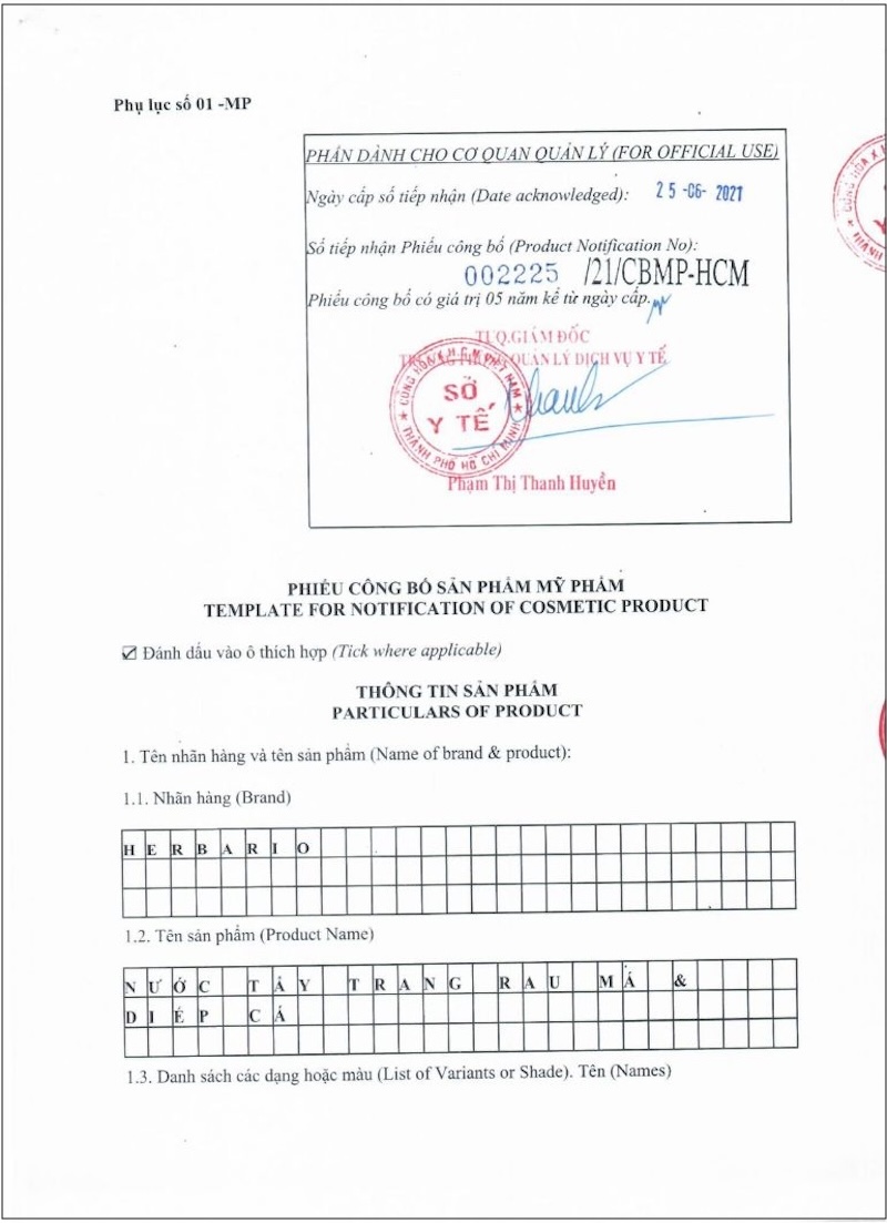 Giấy công bố sản phẩm Nước Tẩy Trang rau má diếp cá herbario thuần chay giay cong bo san pham nuoc tay trang rau ma diep ca herbario thuan chay